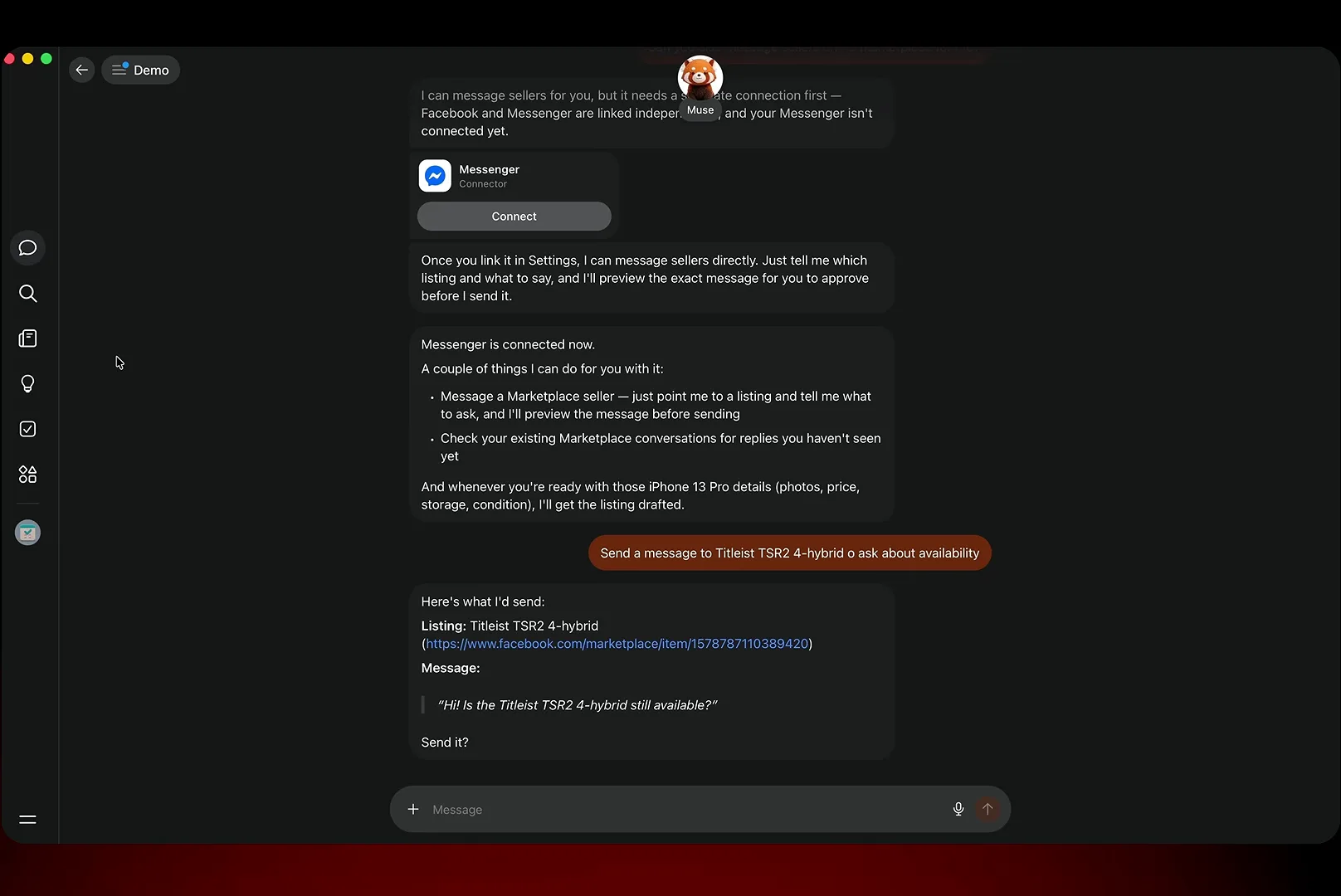 Meta Muse drafts a two-sentence availability question for a Titleist TSR2 4-hybrid Marketplace listing and asks for approval before messaging the seller.