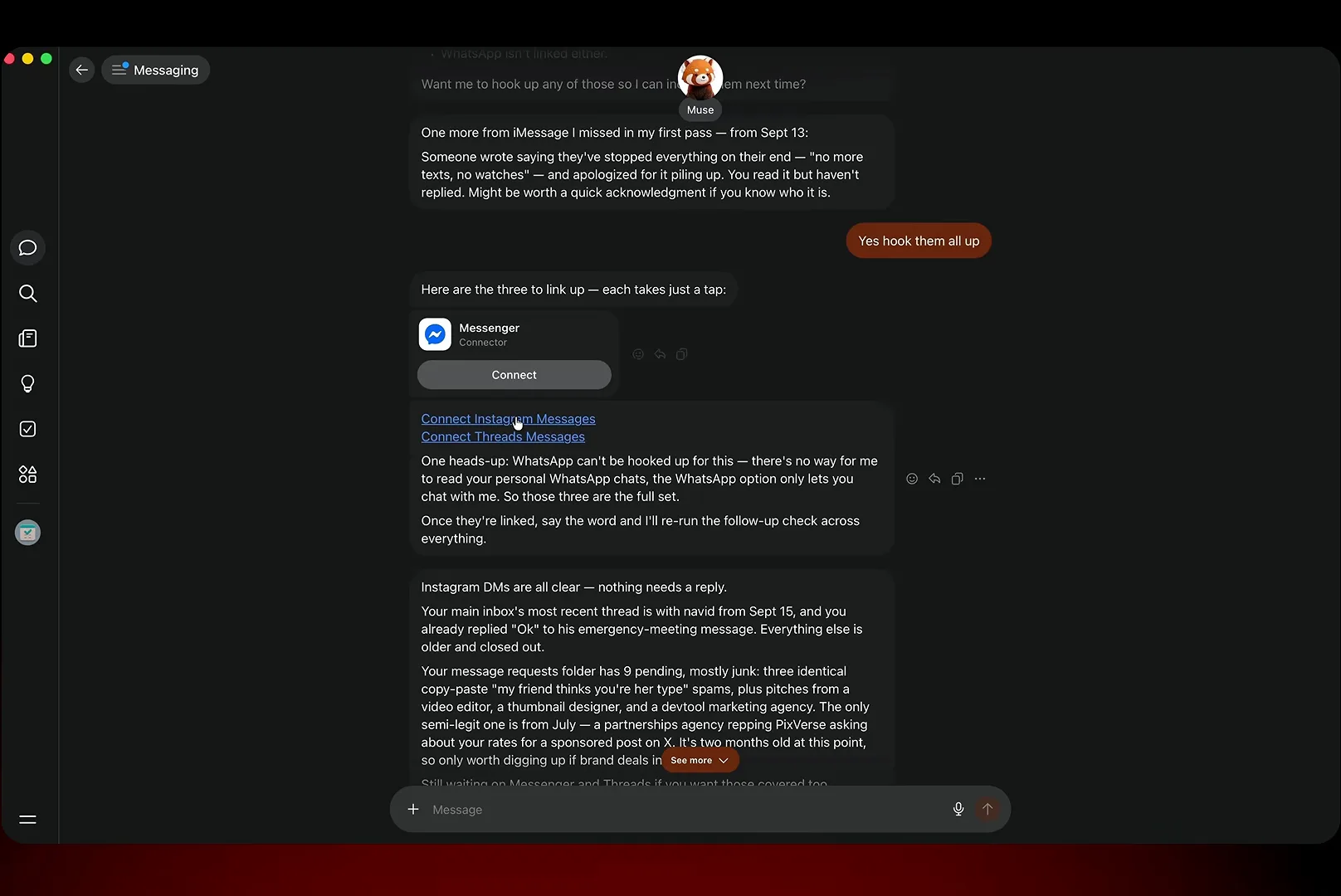 The Messaging tab in Meta Muse summarizes an inbox sweep, calling nine pending message requests mostly junk and flagging one iMessage worth a reply.