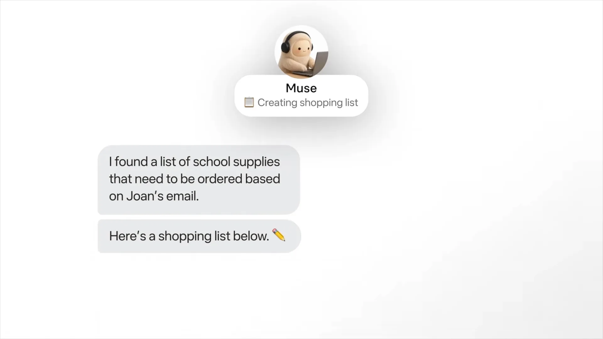 On a phone, Meta Muse announces it found school supplies to order based on Joan's email and starts creating a shopping list in the chat.