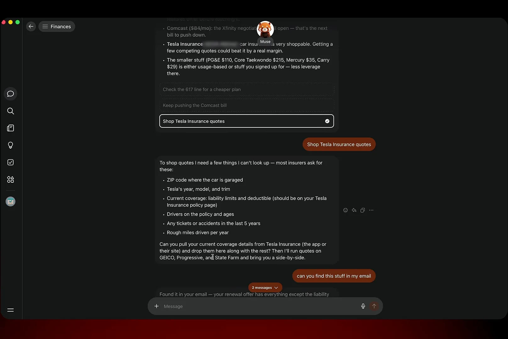 Meta Muse asks for Tesla insurance details in the Finances chat and offers to run quotes against GEICO, Progressive and State Farm side by side.