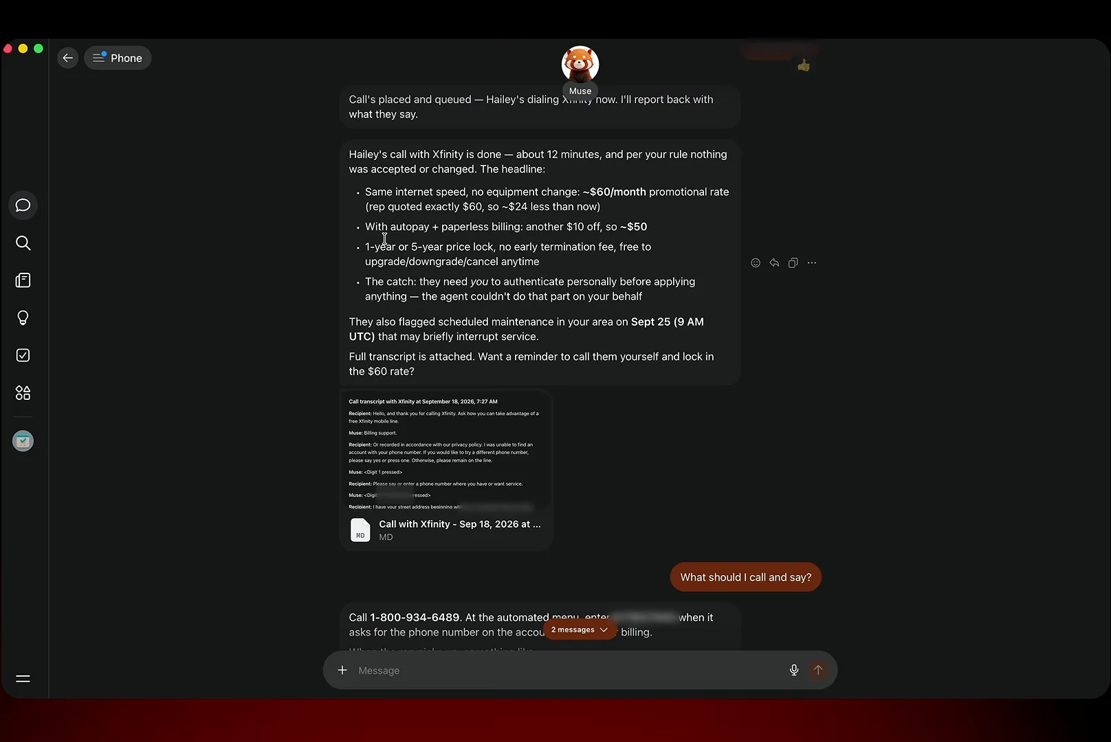 The Meta Muse Phone chat reports Hailey's twelve-minute call to Xfinity landed a $60 promotional rate plus $10 off with autopay on an $84 monthly bill.