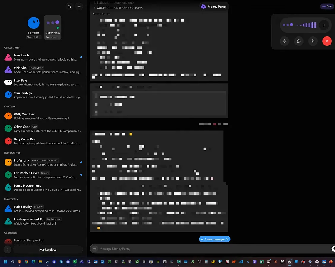 Grok Bot 与行政助理 Money Penny 的实时语音通话，紫色波形 HUD 和通话控件悬在 bot 名册侧栏上方