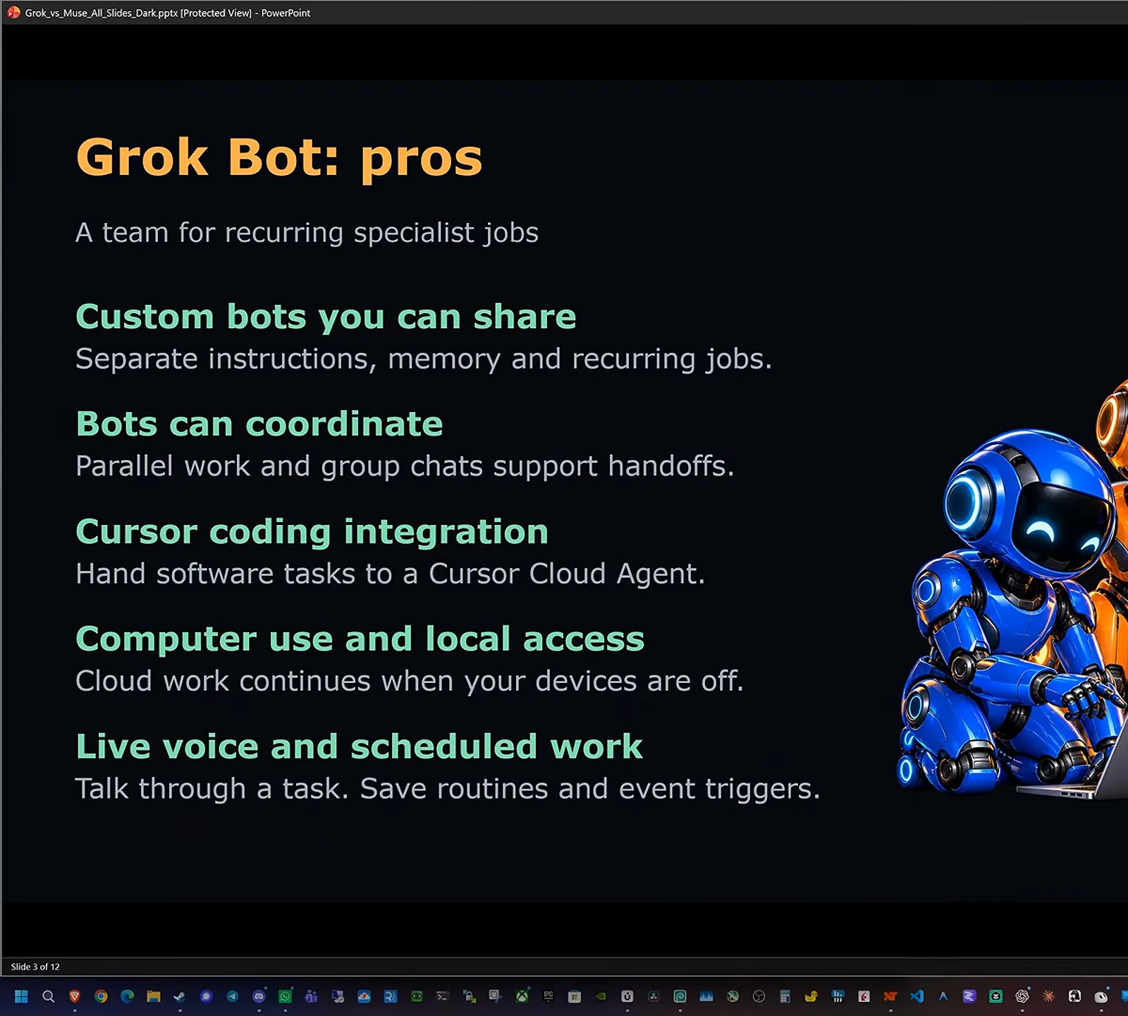 评测人自制幻灯片，标题 Grok Bot pros，列出可分享的自定义 bot、bot 协作、Cursor 编程集成、电脑操作与实时语音