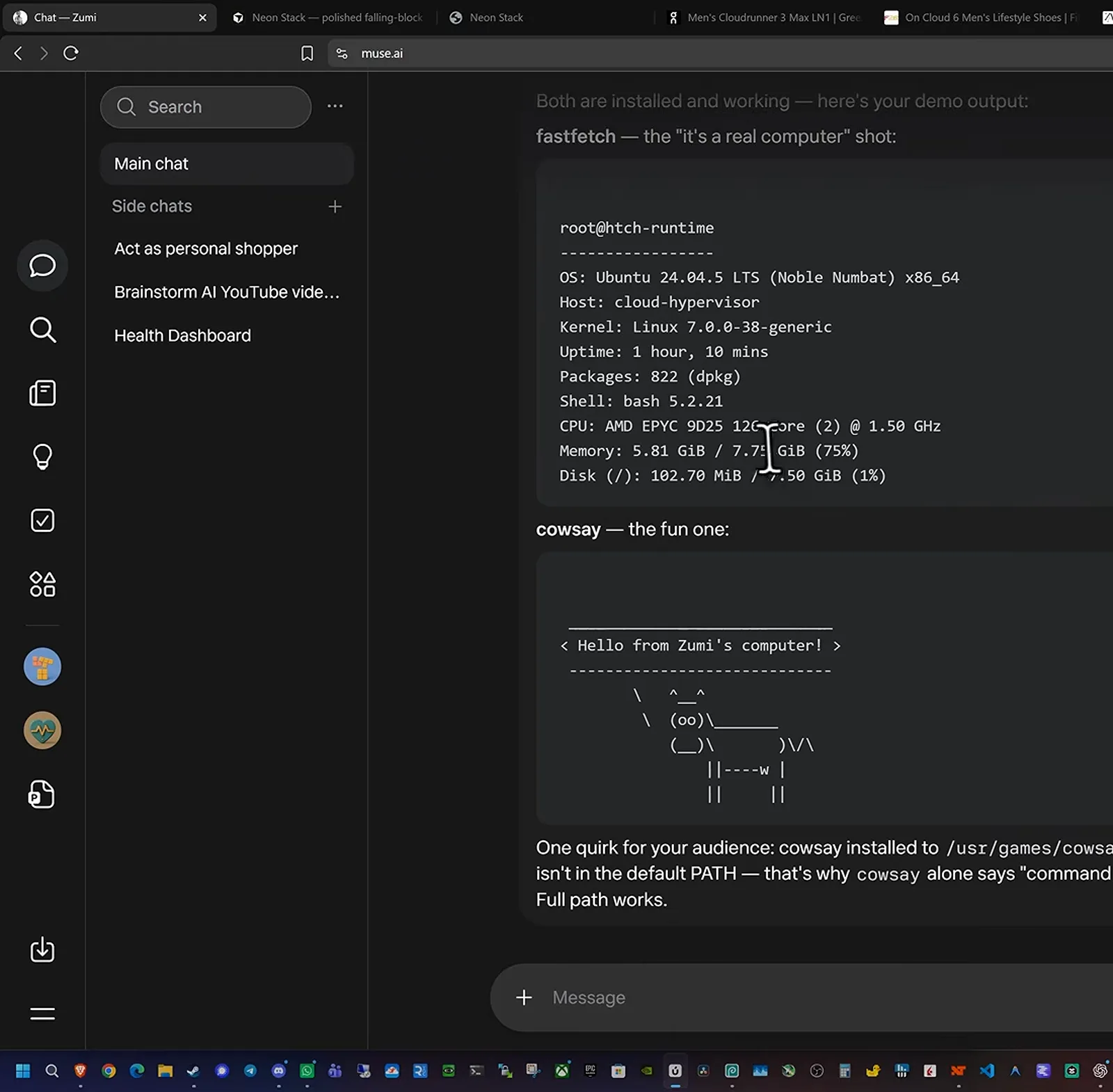 Meta Muse 聊天里贴出 FastFetch 输出，证明程序装进了云端 Ubuntu 虚拟机，下面还有 cowsay 打出的 Hello from Zumi's computer 横幅