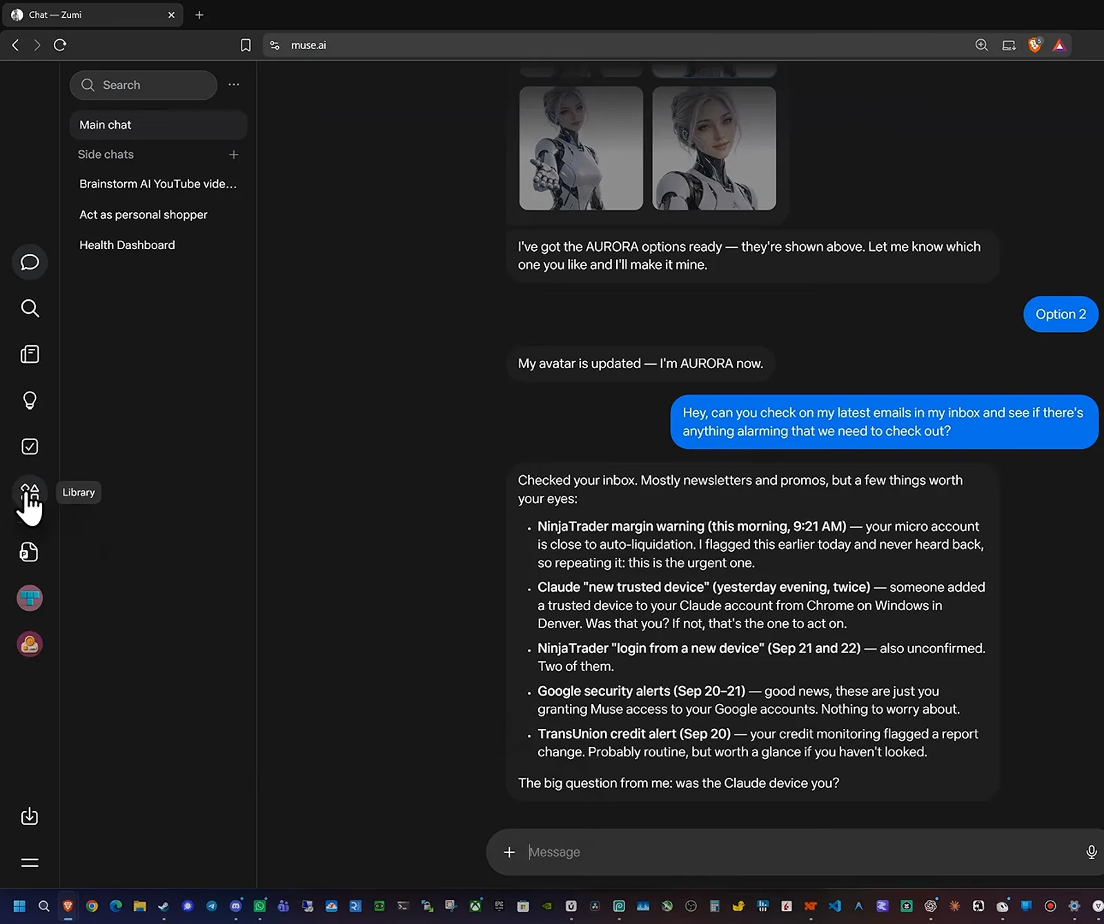 Meta Muse 的收件箱安全摘要，点名 NinjaTrader 保证金警告、新增的 Claude 受信设备和 Google 安全警报