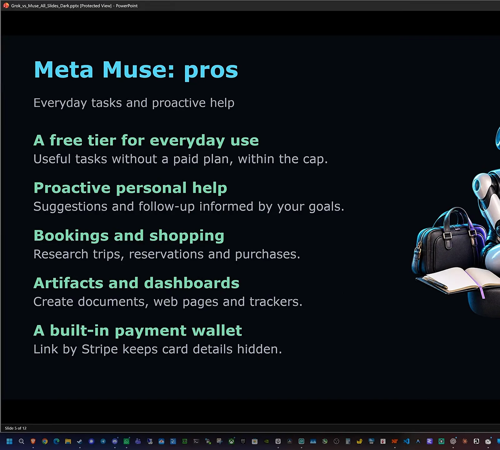 对比幻灯片，标题 Meta Muse pros，覆盖免费日常档、主动帮助、订票购物、artifacts 仪表盘，以及 Link by Stripe 托管的内置支付钱包