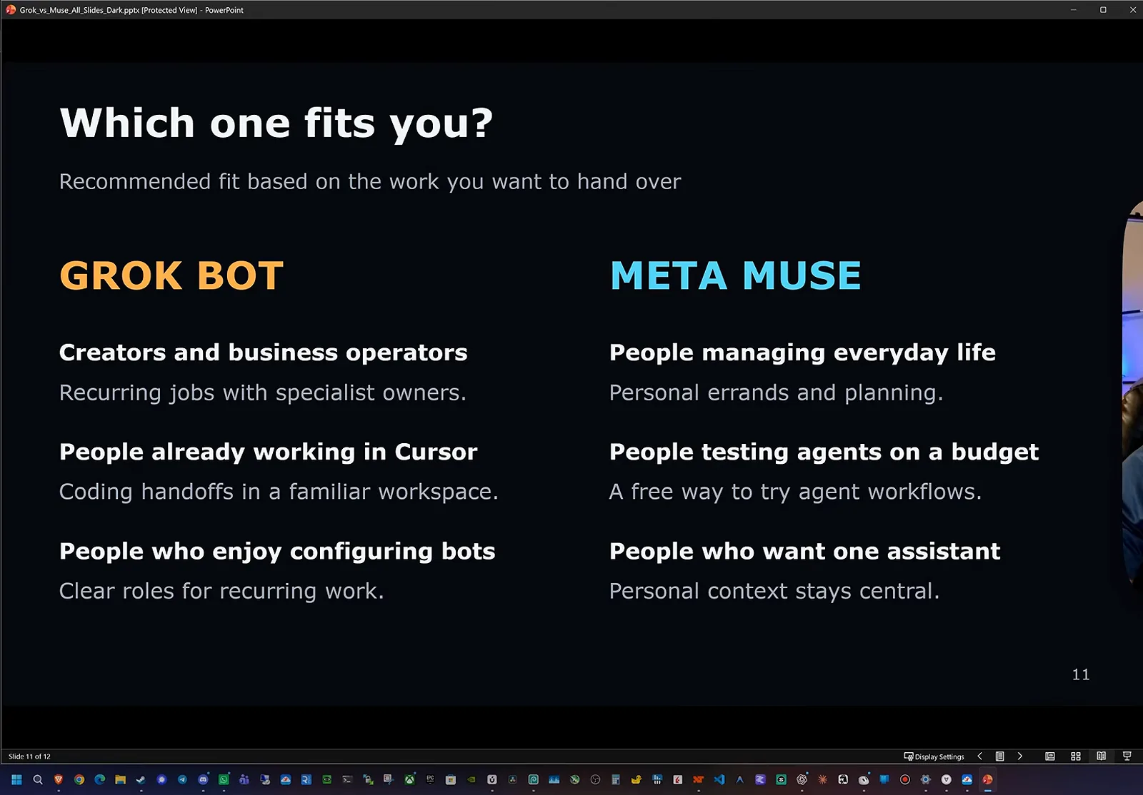Which one fits you 幻灯片，把 Grok Bot 适合创作者、Cursor 用户和爱配置 bot 的人，与 Meta Muse 适合日常生活、预算试水者和单助理用户分成两列