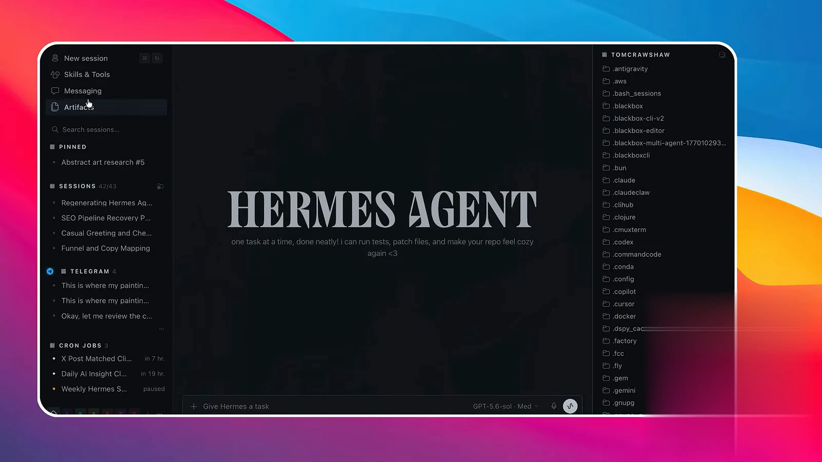 Hermes Agent 桌面应用侧栏显示会话、定时任务、Telegram 通道与固定研究记录