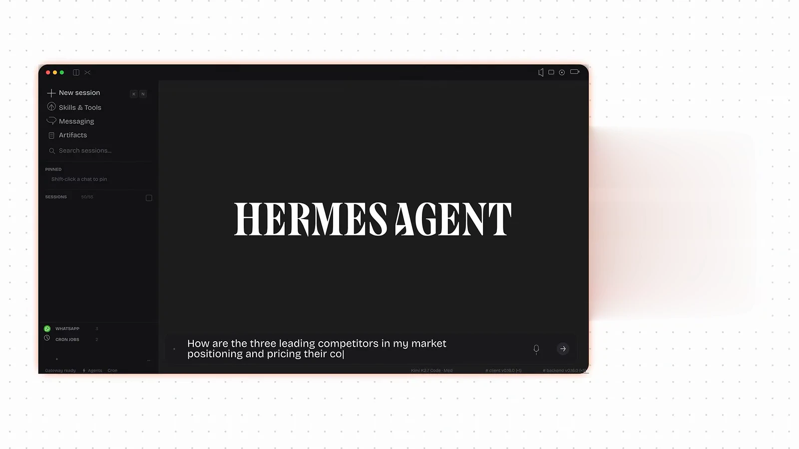 Hermes Agent 桌面窗口任务框里输入竞品定位与定价调研的提问
