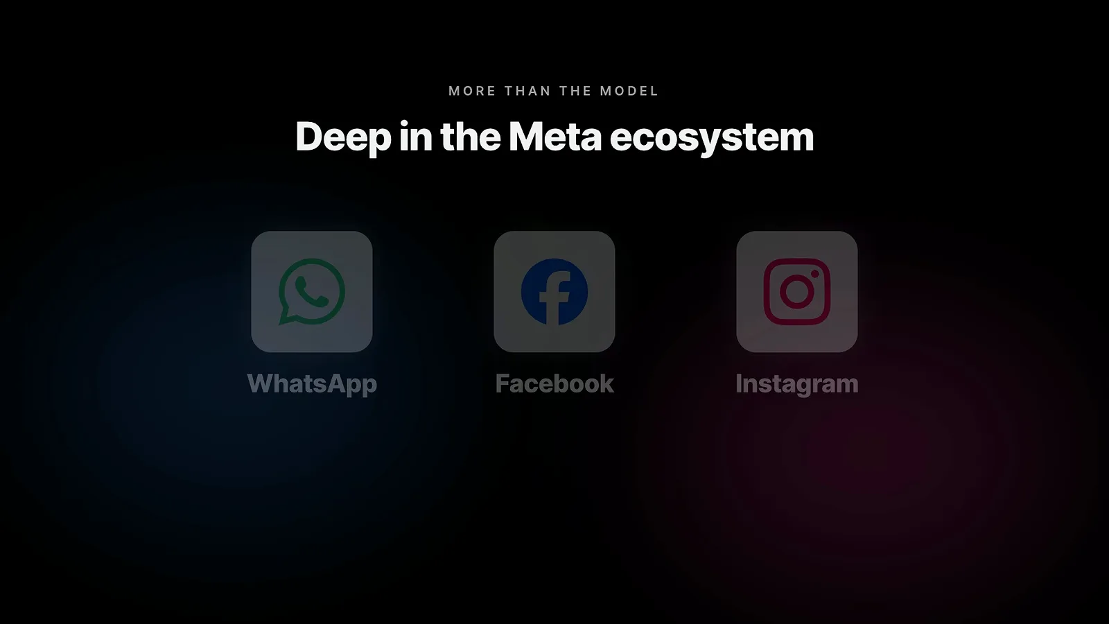Deep in the Meta ecosystem 卡片并列 WhatsApp、Facebook、Instagram 三个集成图标