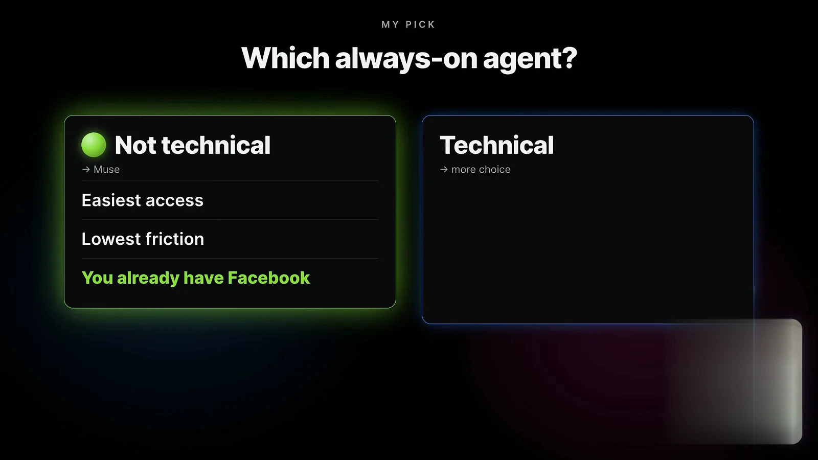Which always-on agent 选卡把非技术用户导向 Muse、技术用户导向更多选择