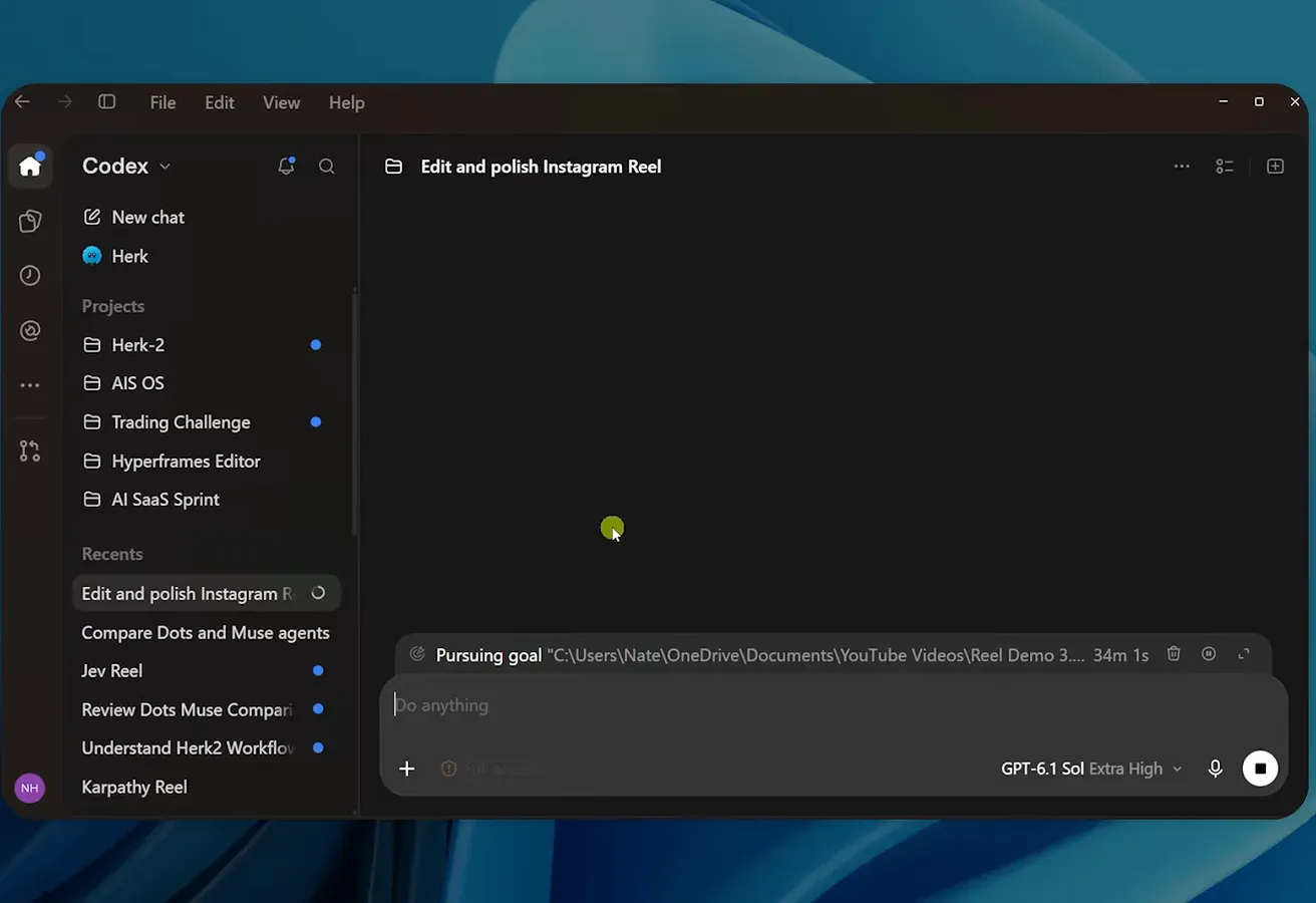 Codex window running an Edit and polish Instagram Reel thread beside the dot's task queue
