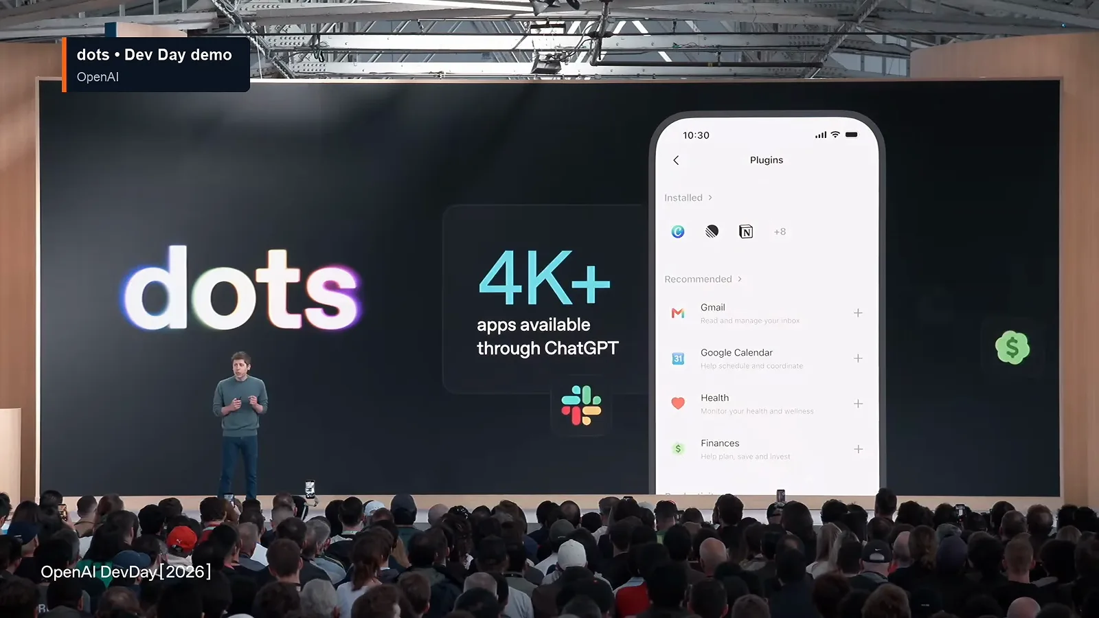 OpenAI DevDay stage slide introducing dots with a 4K plus apps through ChatGPT counter
