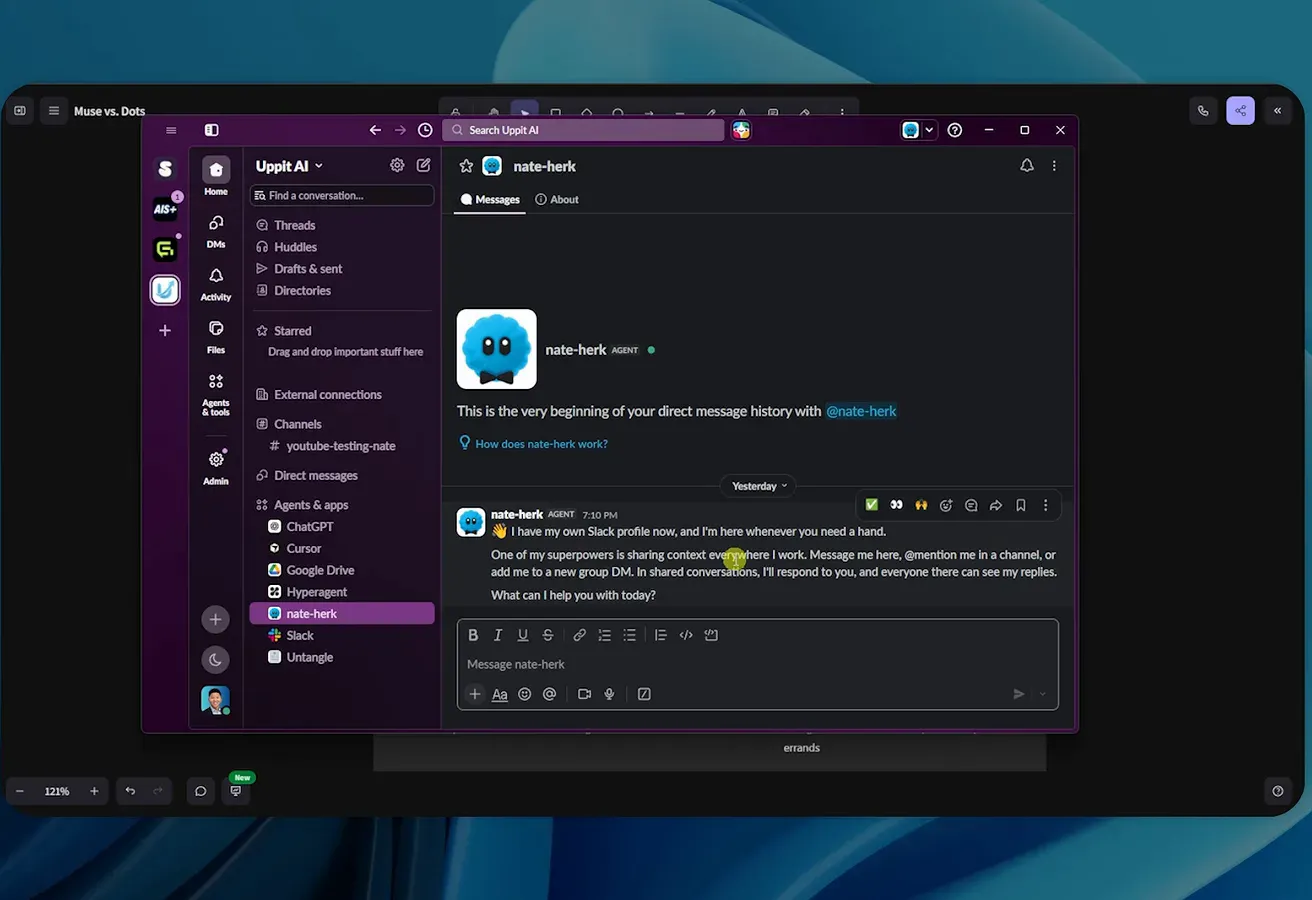 Slack DM history with a team's Dotty bot replying beside the ChatGPT desktop app in the background