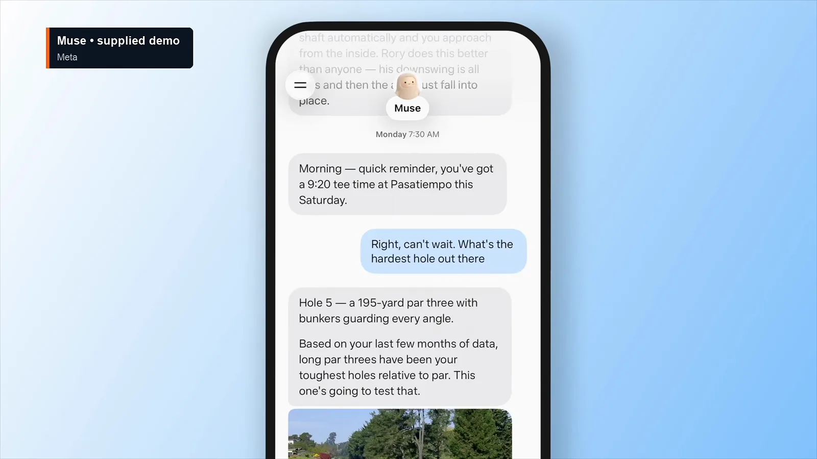 Meta supplied demo phone showing Muse texting a tee time reminder and course management advice