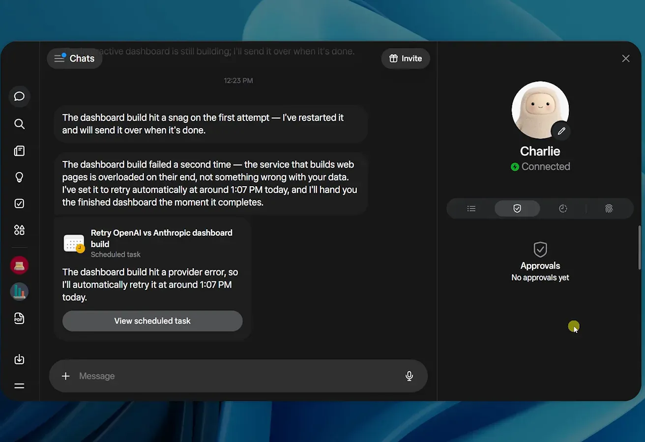 Muse chat auto-retrying a failed dashboard build with scheduled task card and empty approvals queue