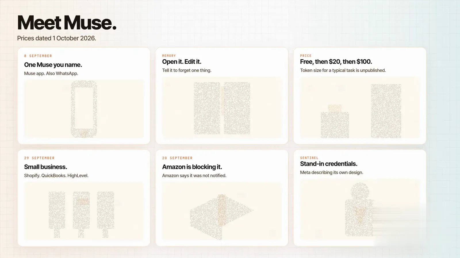Meet Muse card dated 1 October 2026 with free tier pricing small business pack and Amazon block