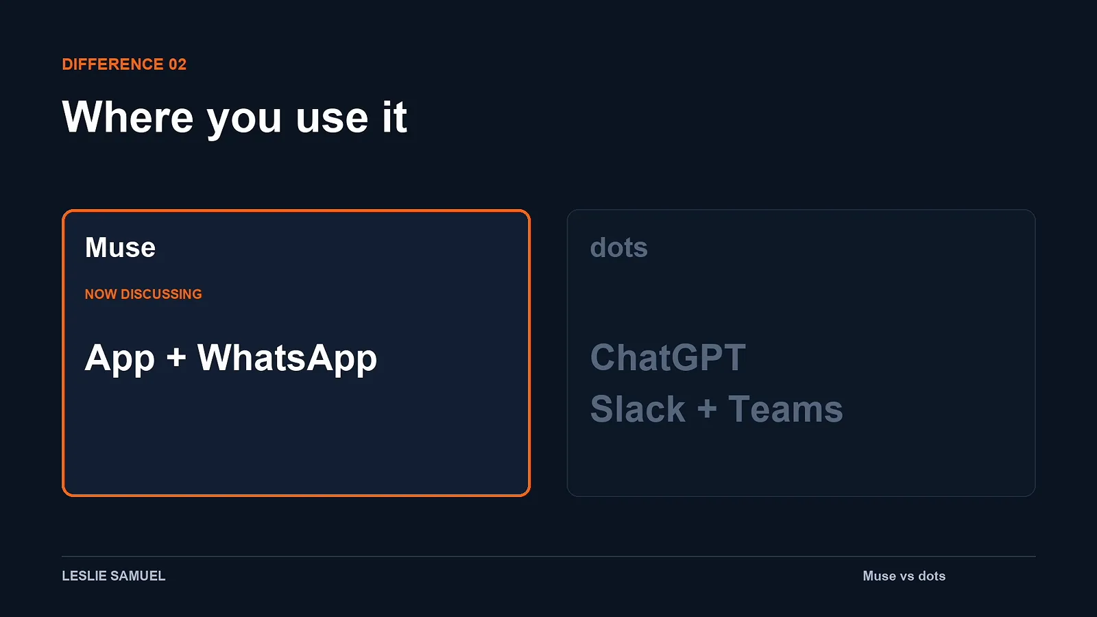 Leslie Samuel difference card pairing Muse app plus WhatsApp against dots in ChatGPT Slack Teams