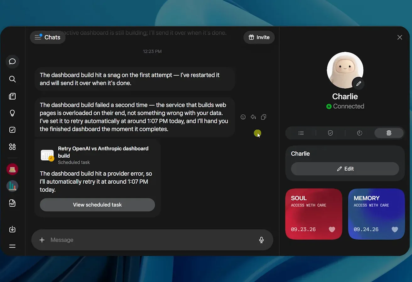Muse profile card for Charlie with editable SOUL and MEMORY scorecards beside the chat thread