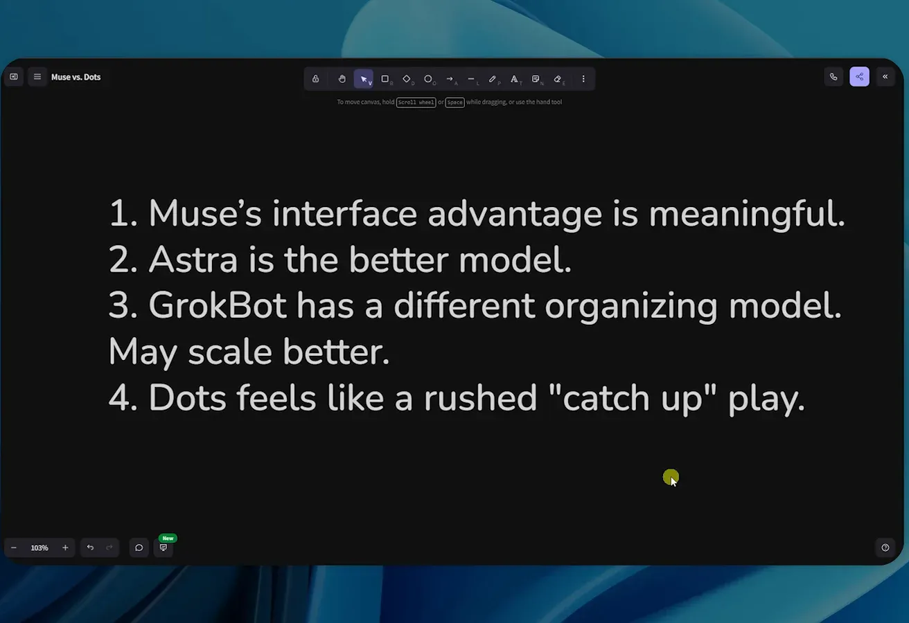 Nate takeaway slide listing Muse interface advantage, stronger Astra model and rushed dots catch up