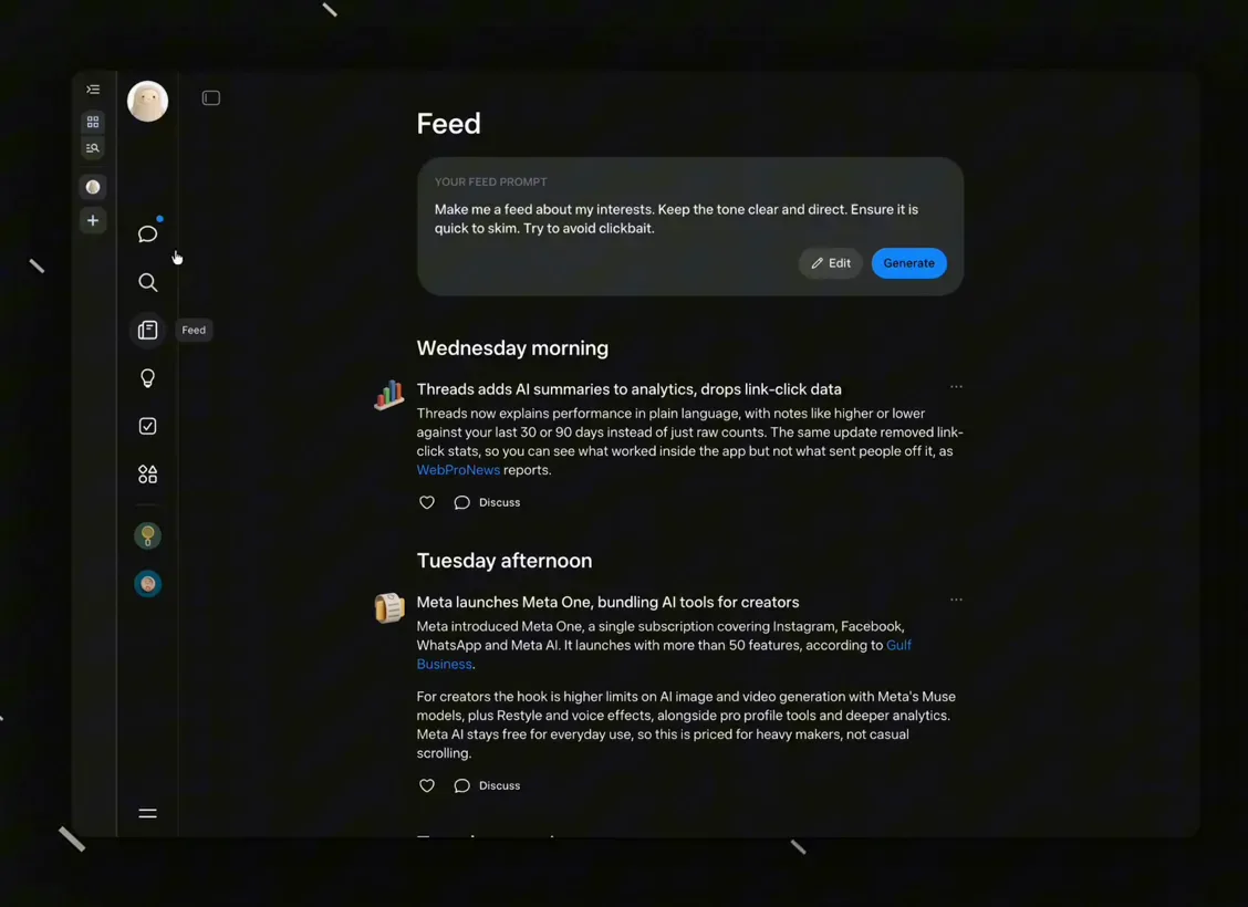 Muse Feed panel showing a keep me clear and direct instruction with Wednesday morning and Tuesday afternoon AI news briefs