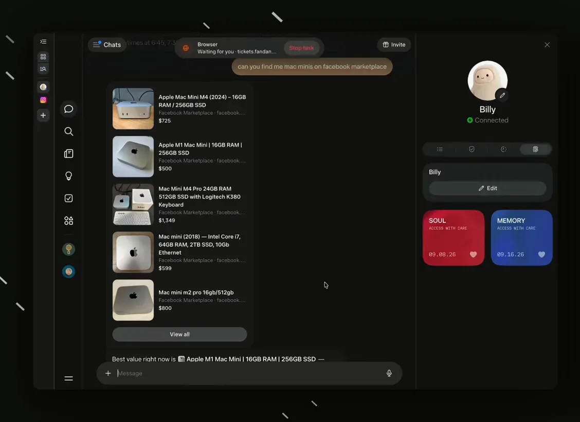 Muse chat returning Facebook Marketplace Mac mini listings with prices beside the Billy profile showing its SOUL and MEMORY cards
