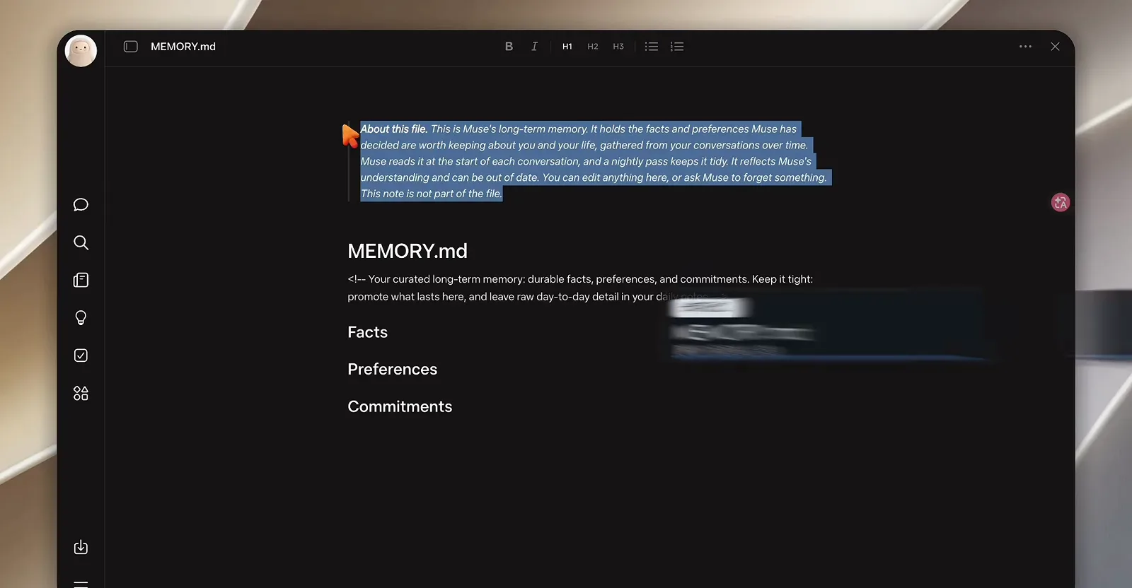 Muse MEMORY.md long-term memory file with its about-this-file note and Facts, Preferences and Commitments sections open in the editor
