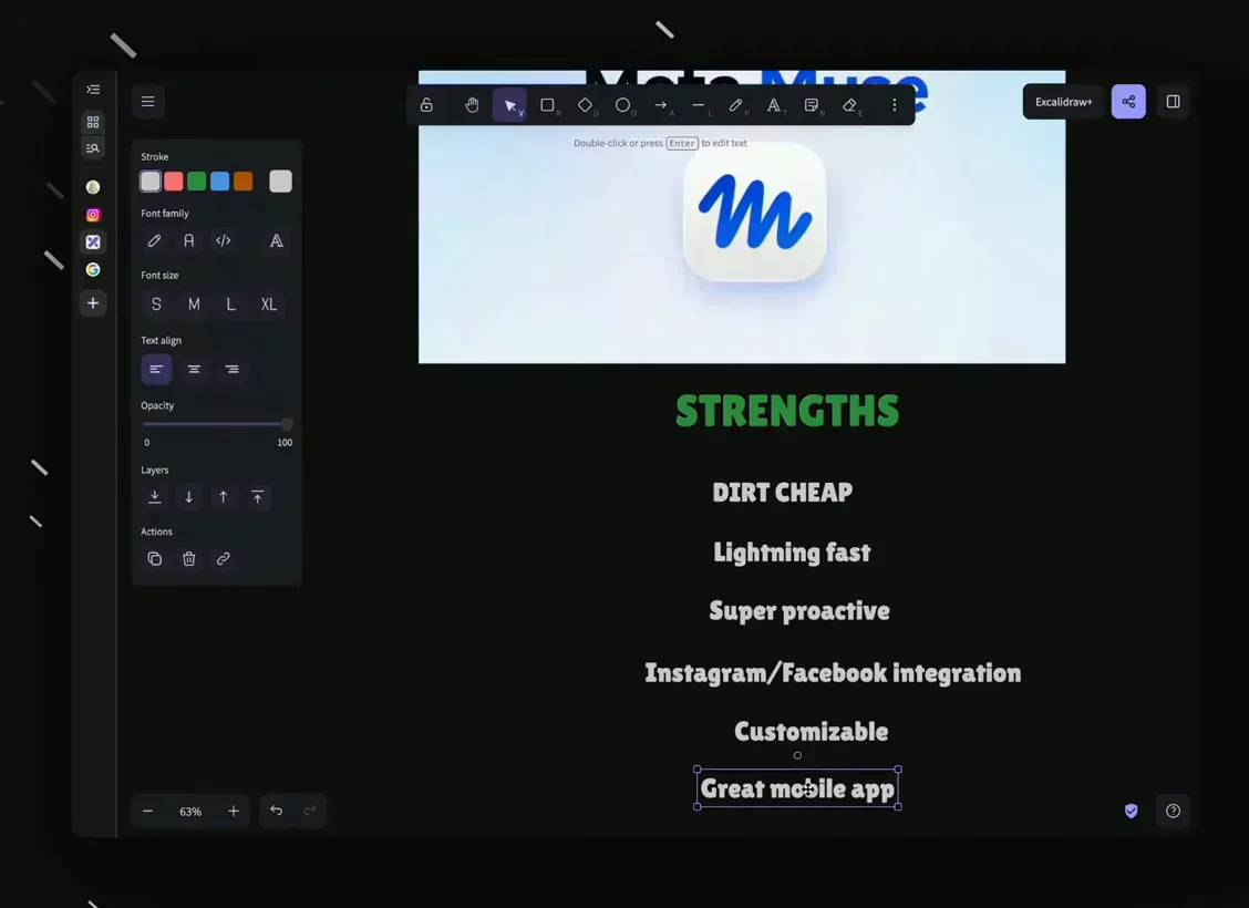 Strengths scorecard slide listing Muse as dirt cheap, lightning fast, super proactive, with Instagram Facebook integration and a great mobile app