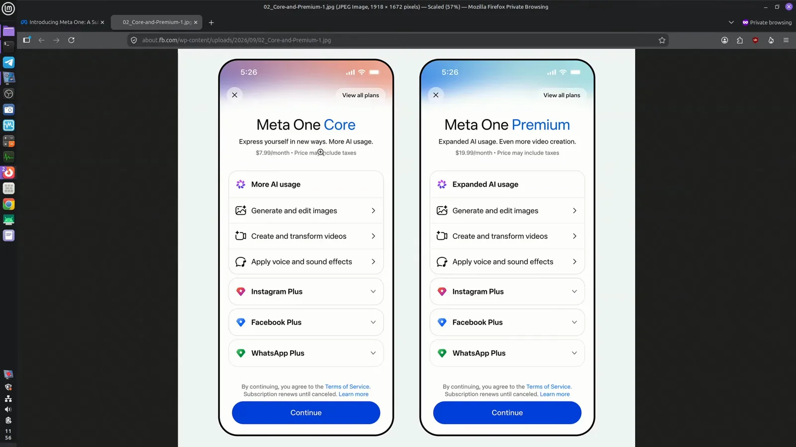 Meta One Core and Premium cards showing more AI usage for image generation, video creation, and voice effects