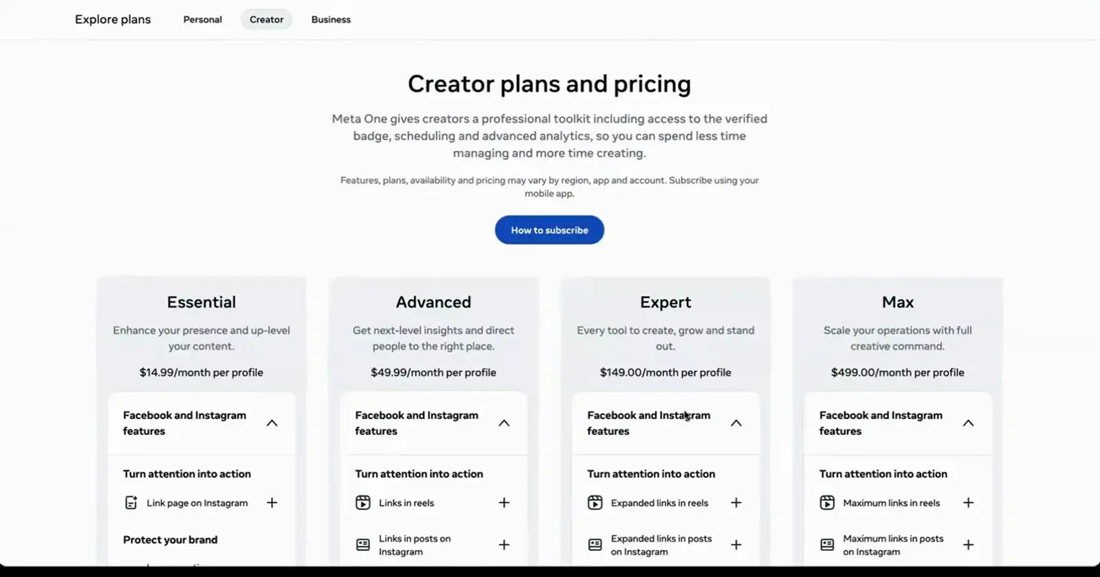 The Creator plans and pricing page with a How to subscribe button and Personal, Creator, and Business tabs