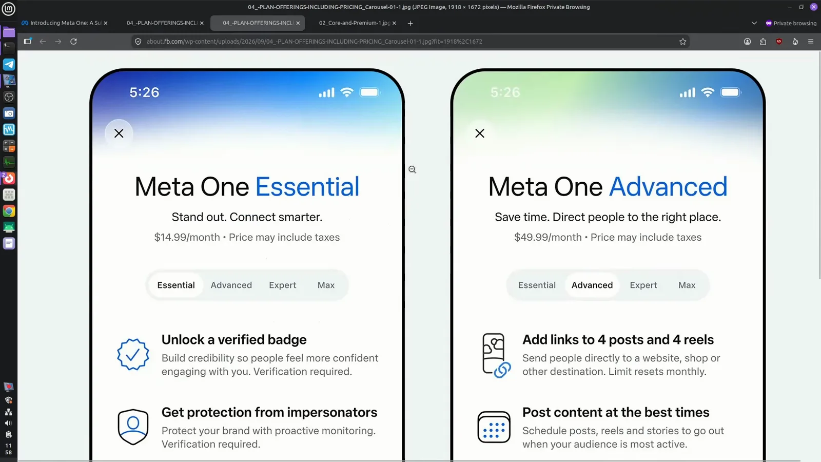 Meta One Essential and Advanced cards listing a verified badge, impersonation protection, post links, and smart scheduling