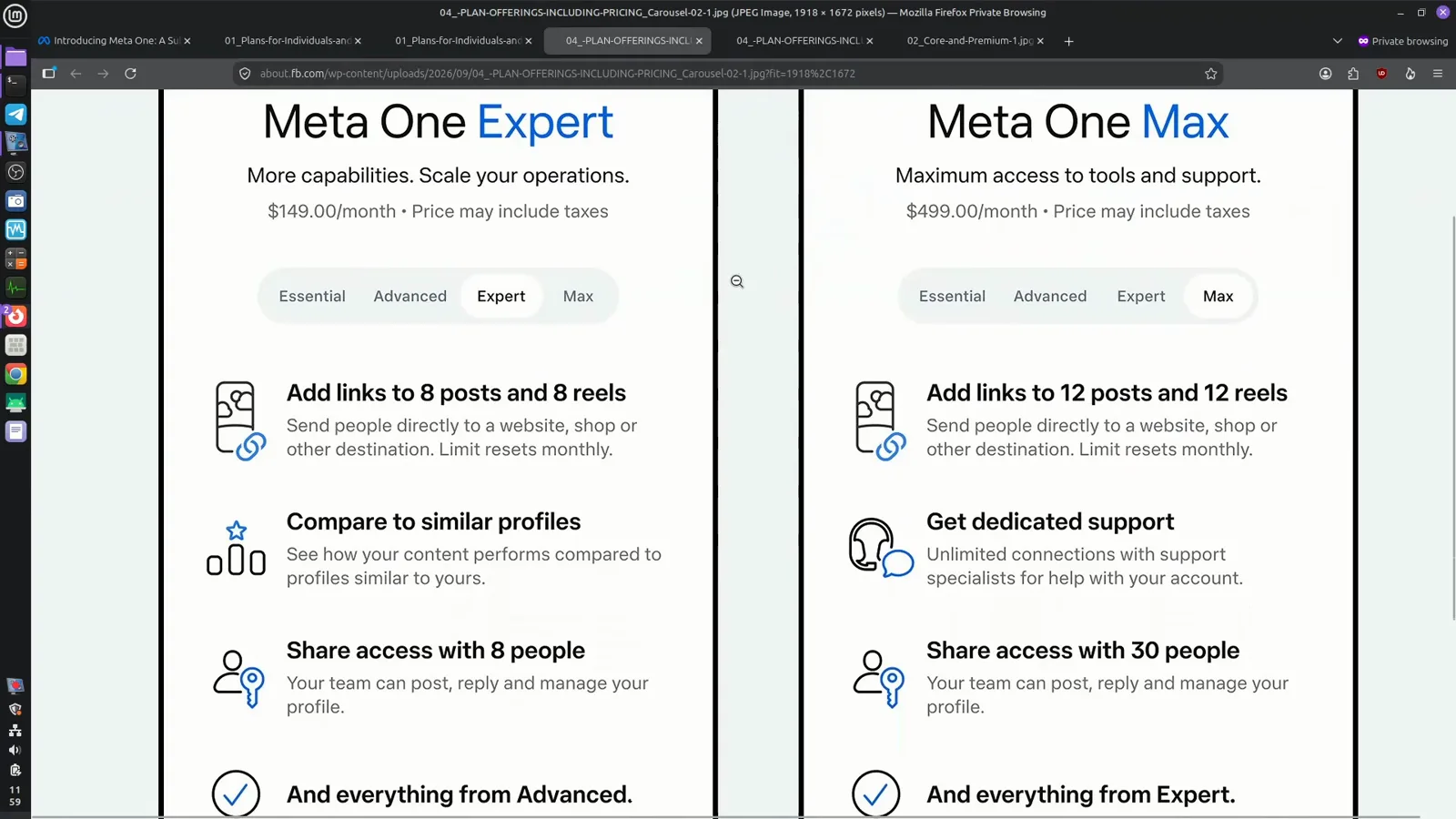 Meta One Expert and Max cards showing monthly link limits of 8 and 12 plus shared access for 8 and 30 people