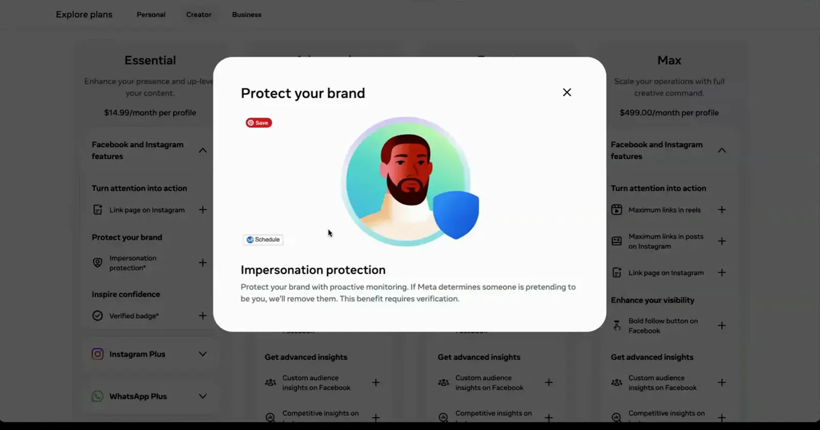 A Protect your brand pop-up describing impersonation protection with proactive monitoring on the Meta One plans page