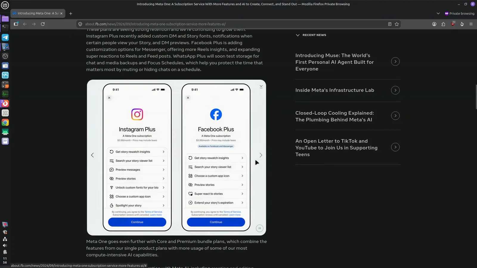 Side-by-side phone cards for Instagram Plus and Facebook Plus, each priced at $3.99 per month