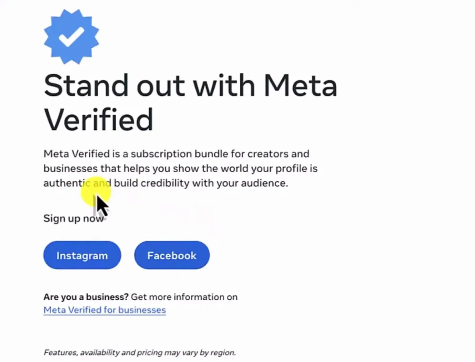 The Stand out with Meta Verified signup page offering Instagram and Facebook buttons for creators and businesses