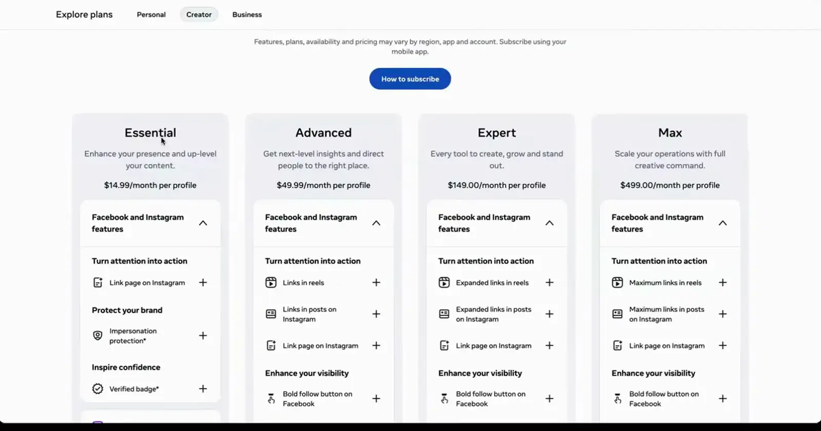 A four-column pricing table comparing Meta One Essential, Advanced, Expert, and Max plans per profile