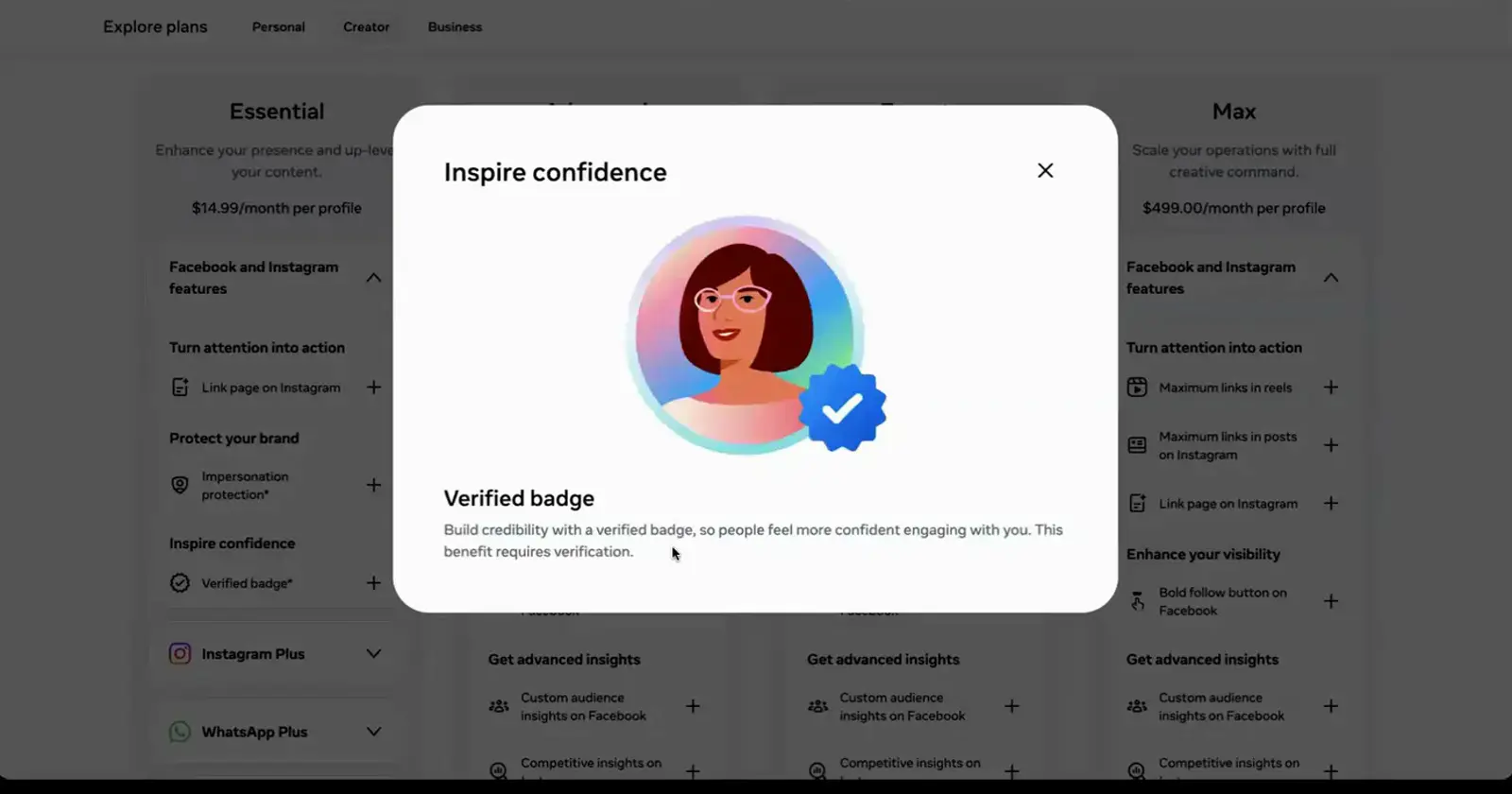 A verified badge pop-up on the Meta One plans page explaining that the badge builds credibility and requires verification