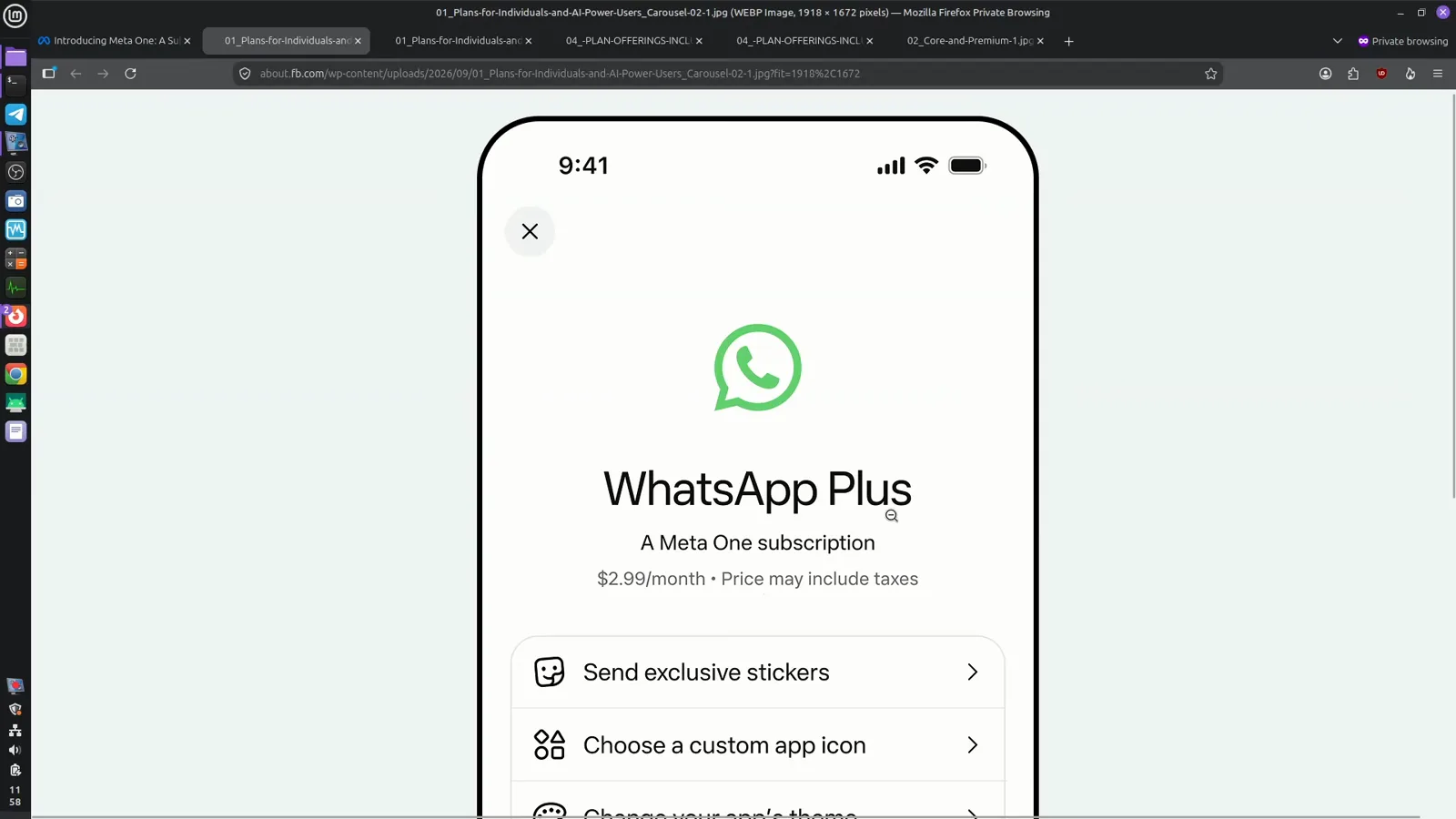 A WhatsApp Plus plan card showing exclusive stickers, a custom app icon, and theme options for $2.99 per month