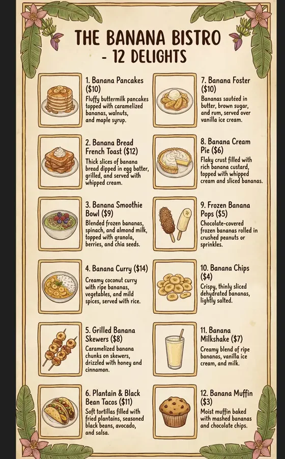 Nano Banana Pro illustrated menu with twelve priced banana dishes and every item description in readable text Nano Banana Pro illustrated menu with twelve priced banana dishes and every item description in readable text