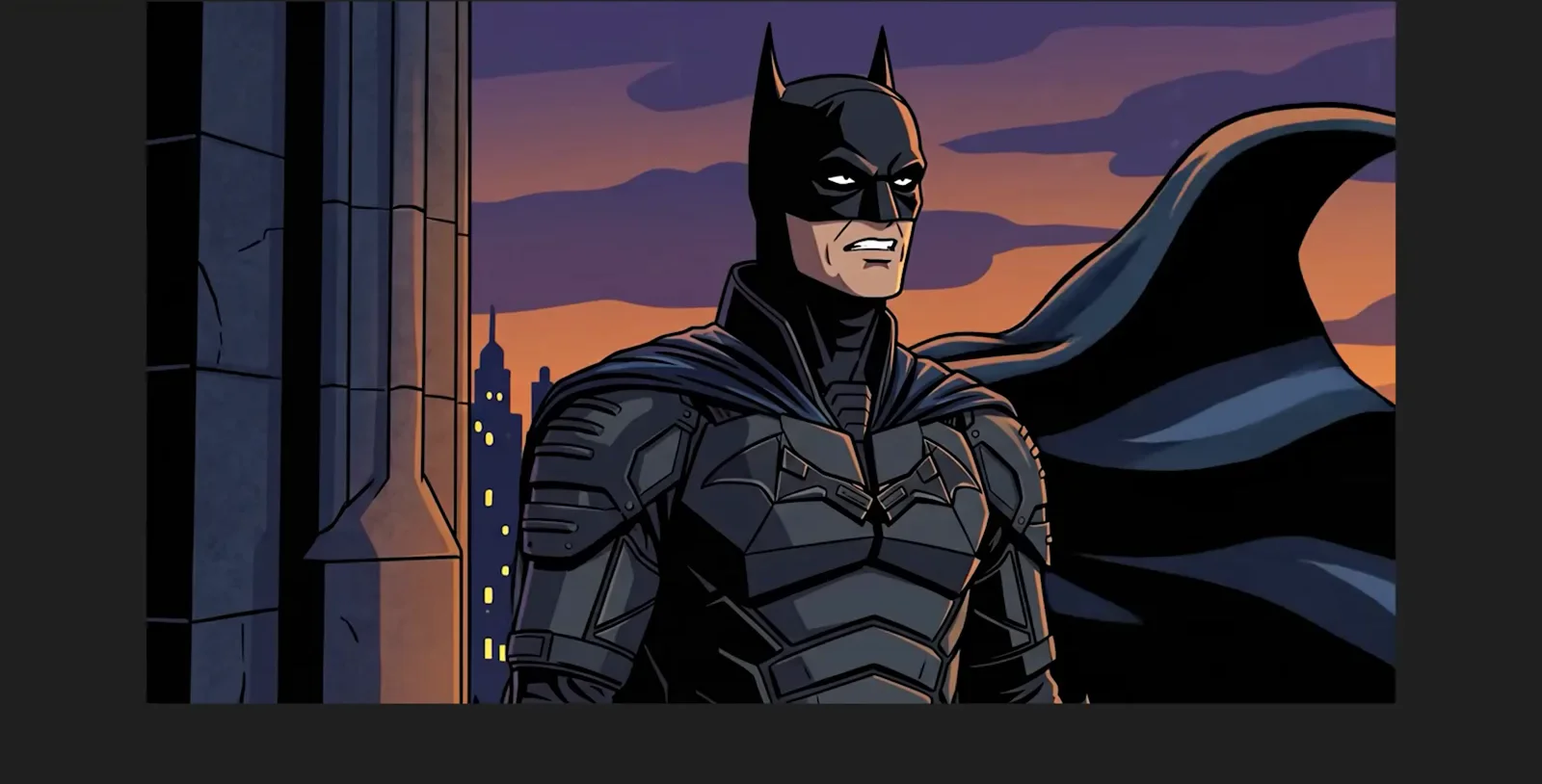 Live-action Batman still restyled into an animated-series look by feeding a cartoon reference image Live-action Batman still restyled into an animated-series look by feeding a cartoon reference image