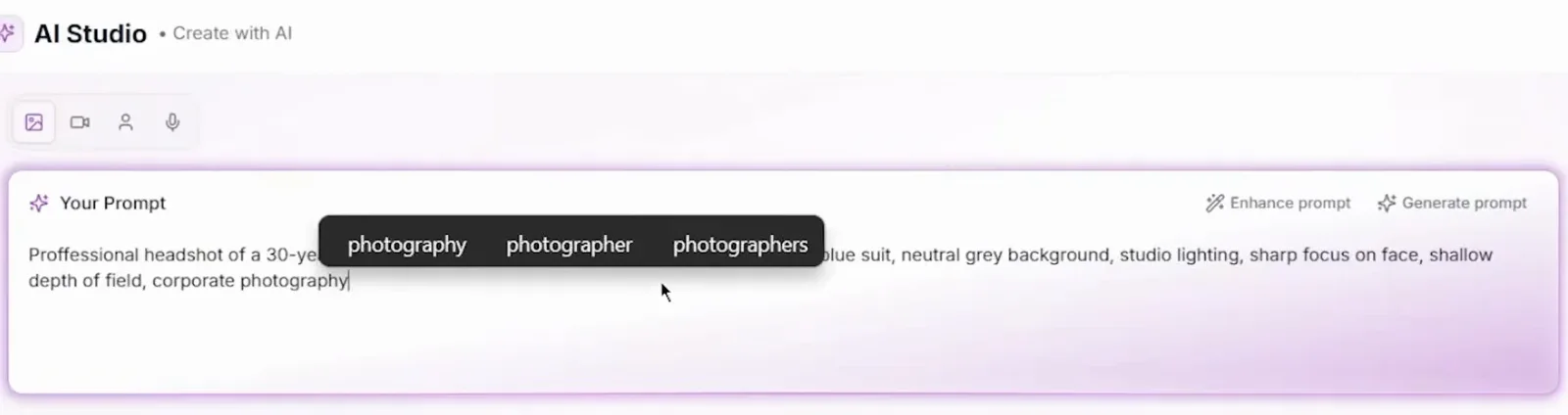 Corporate headshot prompt in AI Studio asking for a navy suit, neutral gray background and studio lighting Corporate headshot prompt in AI Studio asking for a navy suit, neutral gray background and studio lighting