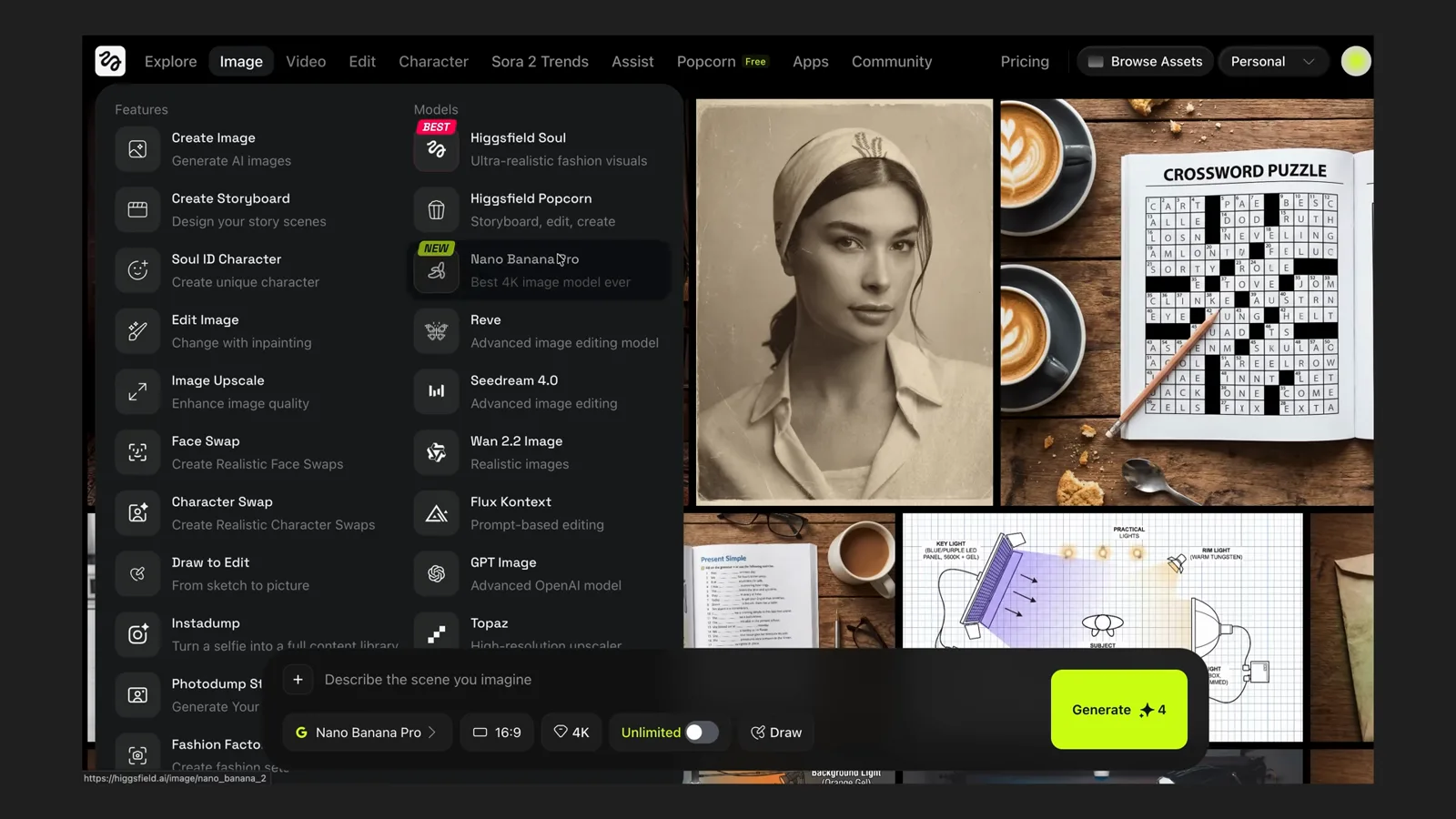 Higgsfield image studio with the Nano Banana Pro model selected and the 4K quality chip active on the prompt bar Higgsfield image studio with the Nano Banana Pro model selected and the 4K quality chip active on the prompt bar