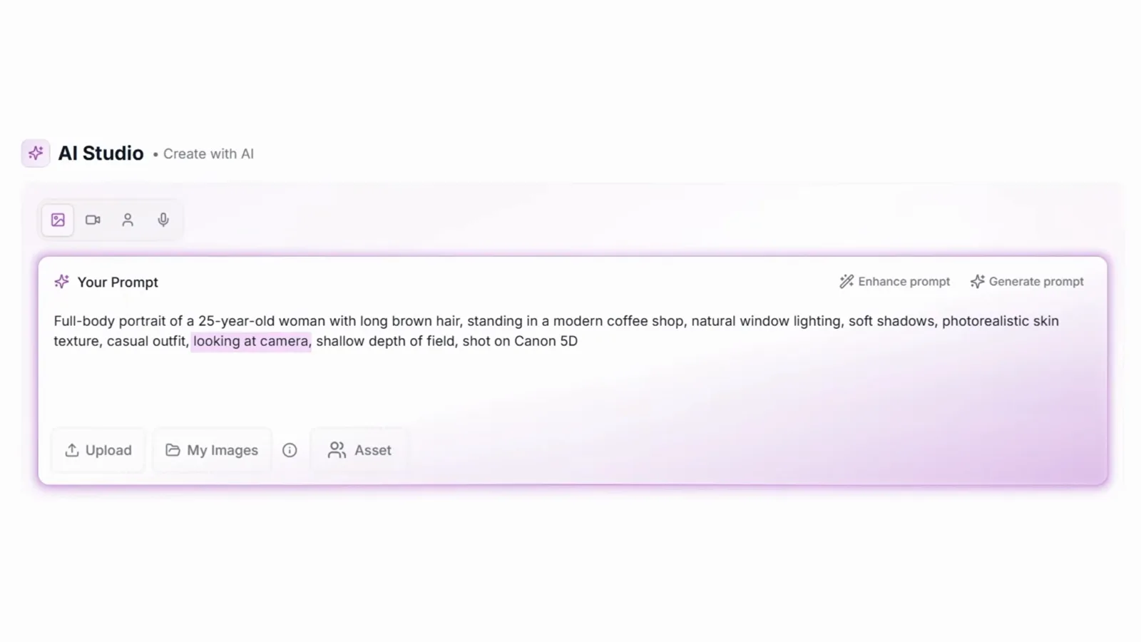 Full-body AI influencer prompt in the AI Studio composer listing age, hair, location, lighting and camera lens Full-body AI influencer prompt in the AI Studio composer listing age, hair, location, lighting and camera lens