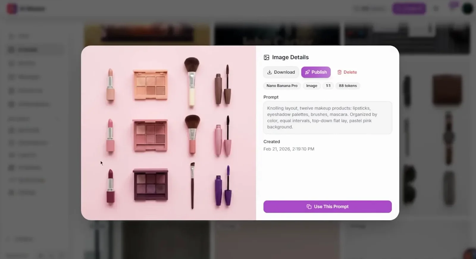 AI Studio image details panel showing a twelve-product makeup knolling flat lay beside its full prompt AI Studio image details panel showing a twelve-product makeup knolling flat lay beside its full prompt