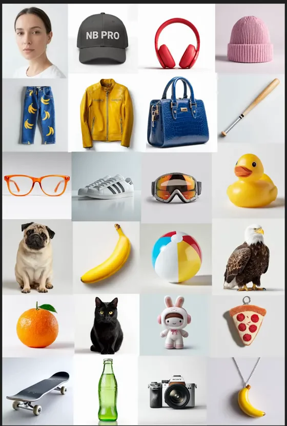 Grid of 25 product photos prepared for a Nano Banana Pro merge-into-one-scene prompt Grid of 25 product photos prepared for a Nano Banana Pro merge-into-one-scene prompt