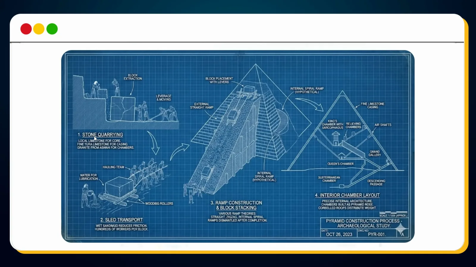 Blueprint-style Nano Banana Pro diagram of Egyptian pyramid construction with quarrying, ramp and chamber labels Blueprint-style Nano Banana Pro diagram of Egyptian pyramid construction with quarrying, ramp and chamber labels