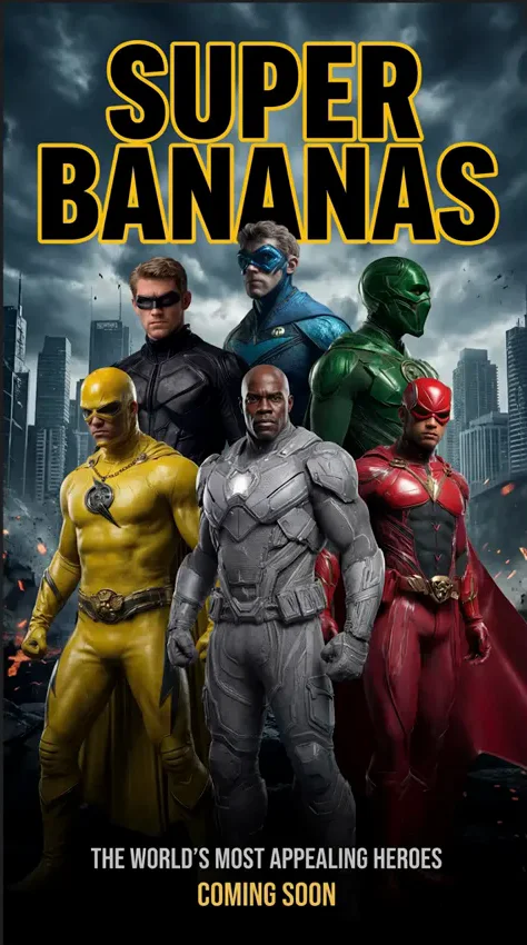 Super Bananas movie poster generated from six superhero reference images with a bold rendered title Super Bananas movie poster generated from six superhero reference images with a bold rendered title