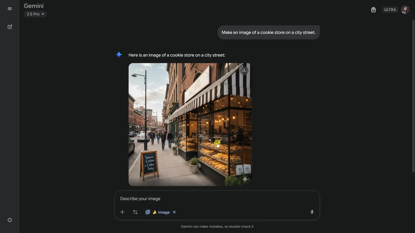 Gemini thread showing the first Nano Banana render of a brick cookie storefront with a striped awning and readable signage Gemini thread showing the first Nano Banana render of a brick cookie storefront with a striped awning and readable signage