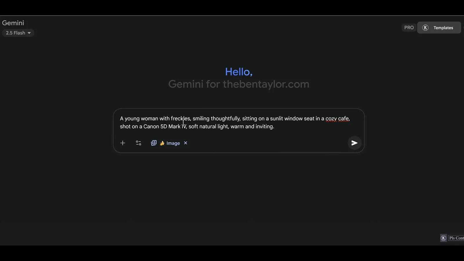 Full Nano Banana prompt in the Gemini composer describing a freckled woman in a cafe, with a camera body and lighting cues in one sentence Full Nano Banana prompt in the Gemini composer describing a freckled woman in a cafe, with a camera body and lighting cues in one sentence