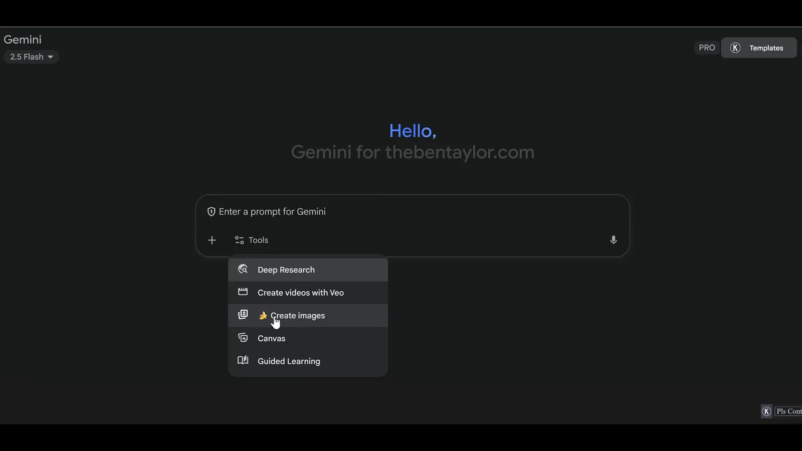 Gemini tools dropdown with Create images highlighted to switch the chat into Nano Banana image mode Gemini tools dropdown with Create images highlighted to switch the chat into Nano Banana image mode